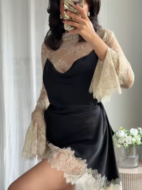 Image of Elegant Sexy Lace Patchwork Mini Dress with Full Flared Sleeves and Waist-Cinching Design – See-Through Short Club Party Gown for Women