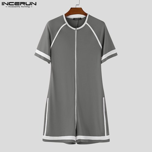 Image of Men's Patchwork Zipper O-Neck Short Sleeve Bodysuit - Cozy, Stylish Romper for Casual Wear and Workout 2025