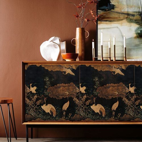Bild von Vintage-Dunkle Selbstklebende Tapete mit Kranich-Motiv