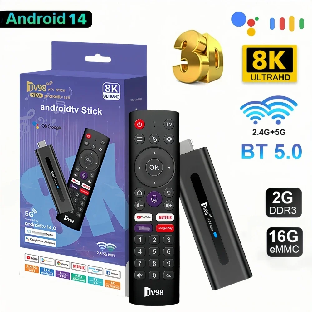 Afbeelding van TV98 Mini TV Stick met Android 14, HDR, 8K Video, WiFi 2.4 & 5GHz, Smart TV Box voor Netwerk Mediaspeler
