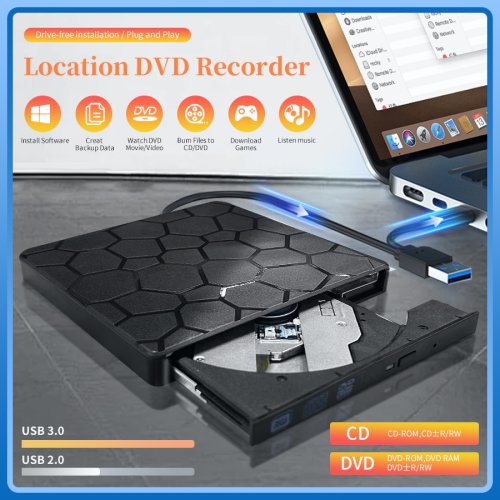 Image of 2-in-1 External DVD RW Drive with USB 3.0 and Type-C Interface – Slim Optical Disc Burner, Reader, and Player for Laptops and Notebooks