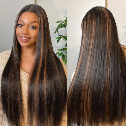 Image of Natural Black and Brown Ombre Human Hair Wig with HD Lace Front - Brazilian Straight 13x4 Lace Frontal Wig in 1b Base with Soft Highlights