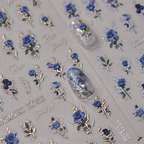 Afbeelding van Japanse vintage rode en blauwe roos bloem laser goud zilver nagelstickers nail art sticker ontwerp manicure tool hoge kwaliteit