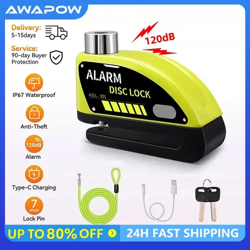 Image of Randpow Motorcycle Disc Lock Bike Wheel Padlock Motorcycle Alarm Waterproof Scooter Alarm Lock Anti-Theft Padlock Alarm Lock