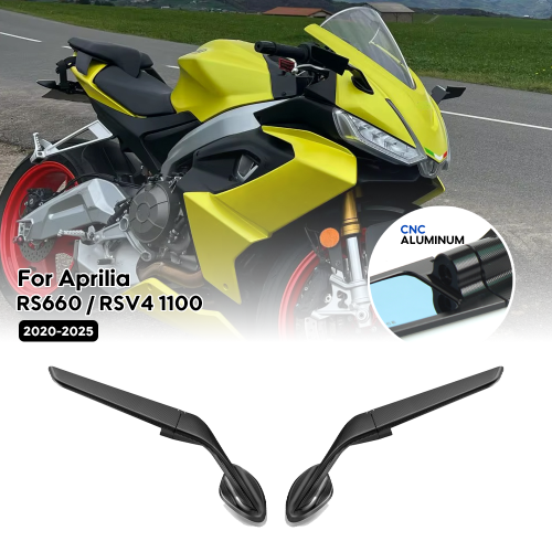 Immagine di Kit Specchi Stealth Regolabili per Aprilia RS660 e RSV4 1100 - Specchietti Alari Sportivi con Winglets in Alluminio per Moto