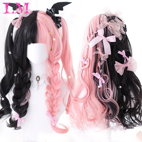 Bild von LM Kunsthaar Lange Welle Schwarz Und Rosa Lolita Perücken Für Frauen Cosplay Perücke Mit Pony Halloween Weihnachten Hitzebeständig