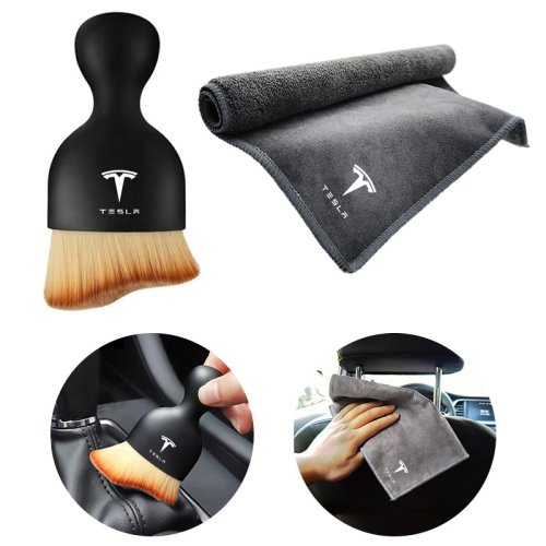 Image of Premium Natural Microfiber & Soft Brush Car Interior Cleaning Kit for Tesla Model 3 & Y – Suede, Fleece, and Dashboard Care Towels with Dust Remover Tool