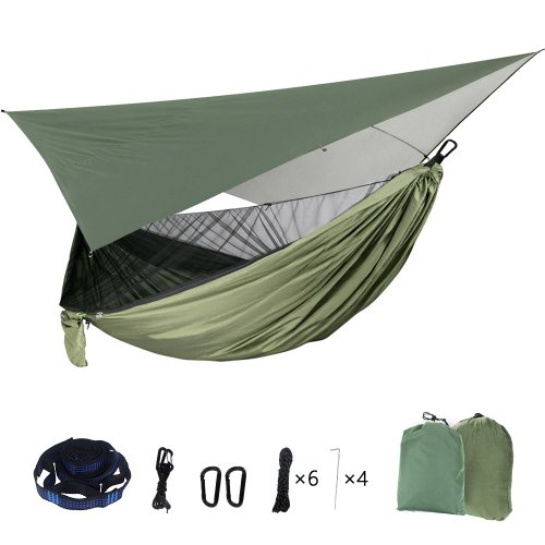 Immagine di Amaca da Campeggio in Nylon con Zanzariera Portatile e Telo a Baldacchino Impermeabile per Dormire all'Aperto