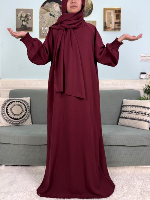 Image of Elegant Pure Cotton Muslim Abaya for Women – Loose Fit Ramadan 2025 Prayer Robe with Elastic Cuffs and Attached Hijab Scarf
