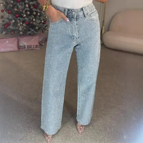 Image de Jeans Femme Stretch Taille Haute Vintage avec Diamants