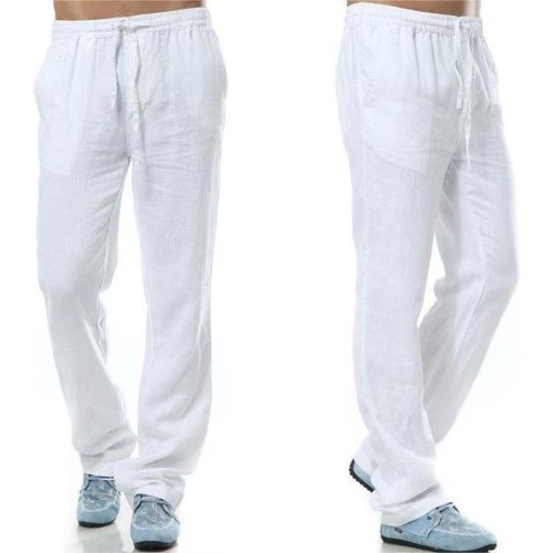 Imagen de Pantalones de Lino y Algodón para Hombre - Estilo Otoño, Transpirables, Color Sólido, Ropa Deportiva Urbana con Bolsillo en la Espalda