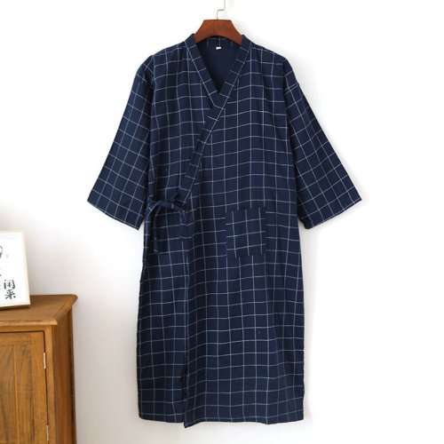 Immagine di Accappatoio in Garza di Cotone da Uomo Plus Size – Kimono Stile Yukata con Maniche Lunghe, Camicia da Notte Leggera per Primavera e Estate, Cardigan a Plaid, Indumenti da Notte e Homewear