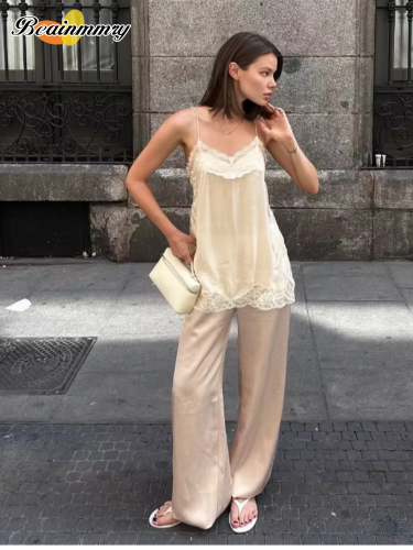 Image of Elegant Women's Sexy Lace Patchwork Sling Vest with Square Neck, Backless Design and See-Through Detail – Perfect for Vacation, Parties, and Night Out