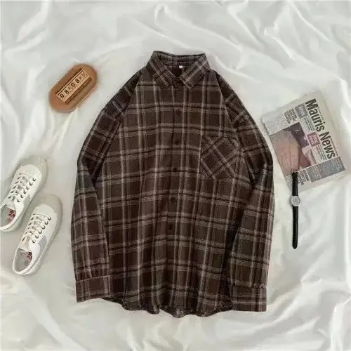 Image de Chemise Vintage à Carreaux Femme Automne - Style Coréen Décontracté