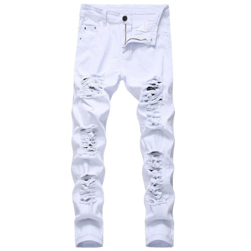 Afbeelding van Modieuze Heren Ripped Jeans in Wit/Zwart – Straight Slim Fit Stretch Denim Broek met Jogging Look voor Grote Maten