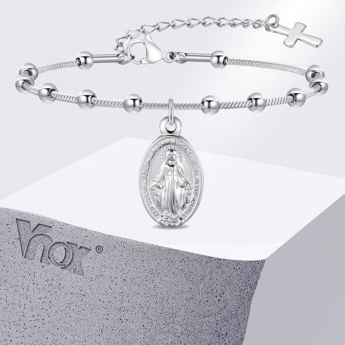 Immagine di Bracciale Rosario Vnox per Donna e Ragazza con Croce Religiosa in Acciaio Inossidabile Placcato Oro e Braccialetti di Preghiera della Vergine Maria - Regalo Spirituale Elegante