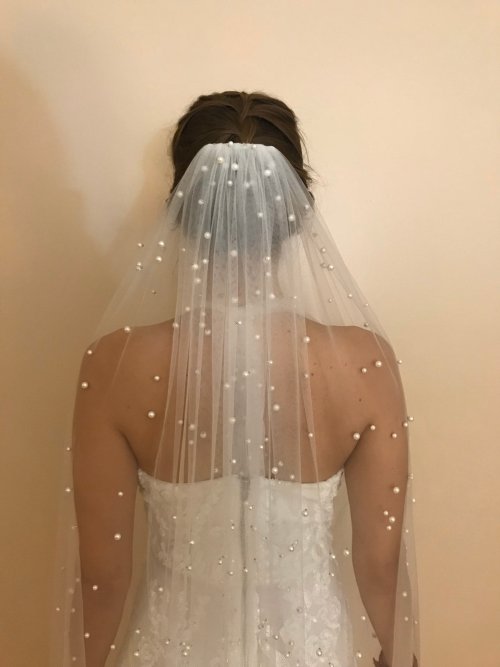 Image of Elegant Ivory Cathedral Length Bridal Veil with Beaded Pearls – Soft One Tier Wedding Veil for Brides