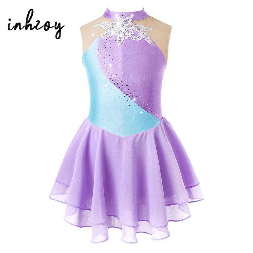 Bild von Eiskunstlauf-Kleid für Mädchen – Ballett- und Gymnastik-Trikot mit Blumen, Strass, Mesh-Spleiß, Skater-Stil für Tanzwettbewerbe