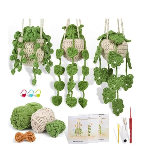 Image of Beginner-Friendly Crochet Hanging Plant Kit with Natural Cotton Yarn, Hooks, Needles, and Step-by-Step Video Tutorial – Complete DIY Craft Set for Home Decor