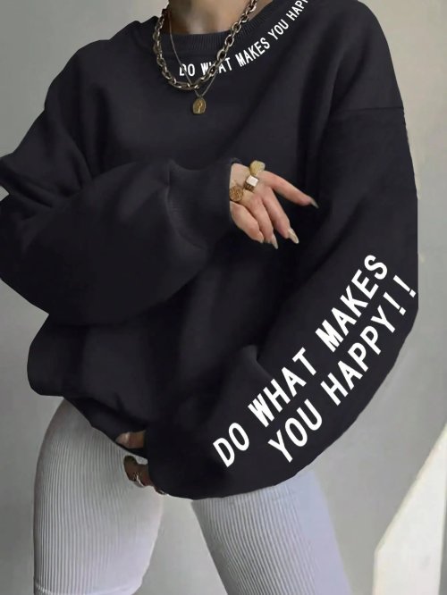 Bild von Tun Sie, was Sie glücklich macht – Briefdruck Sweatshirt für Damen, warmer und weicher Hoodie mit Rundhalsausschnitt, lockerer Fleece-Pullover für den Alltag