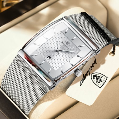 Afbeelding van POEDAGAR Top Luxe Heren Horloge Roestvrij Stalen Gaas Datum Waterdicht Lichtgevende Man Horloge Casual Rechthoek Quartz Heren Horloges