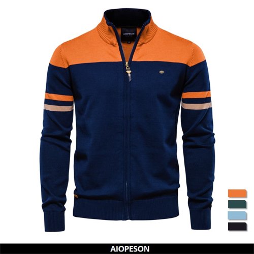 Bild von Herren Strickjacke aus 100% Baumwolle – Modische Zipper Pullover mit Patchwork-Design für Herbst und Winter 2023