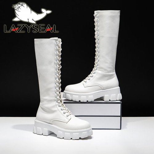 Imagen de Botas de Invierno para Mujer con Cremallera y Cordones, Zapatos Altos Blancos de Cuero PU con Forro de Felpa y Aumento de Altura, Talla Grande 43