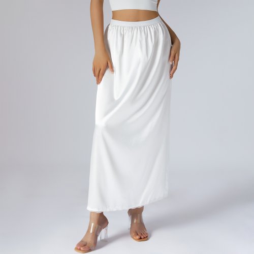 Image of Elegant Elastic Waist Solid Color Satin Midi Skirt Inner Lining Half Slip Underskirt for Women in White, Black, and Yellow