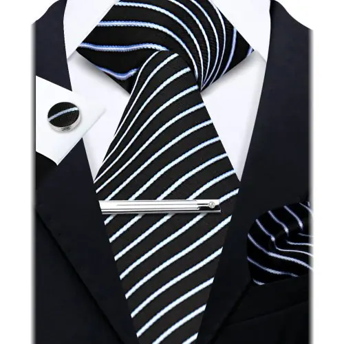 Image de Ensemble Cravate Luxe Homme - Rayé Paisley + Boutons de Manchette