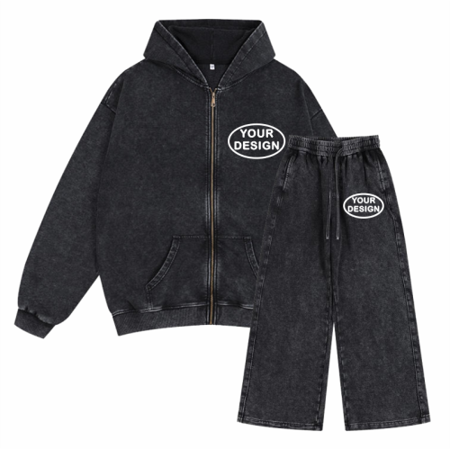 Bild von Herren Woll-Sweatshirt-Hose-Set mit Kapuze, Reißverschluss und individuellem Logo-Druck – Retro gewaschener Streetwear-Look