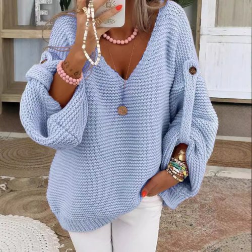 Image of Elegant Solid Color Knitted V-Neck Sweater for Women – Warm, Adjustable Long Sleeve Pullover with Button Detail for Fall and Winter Fashion