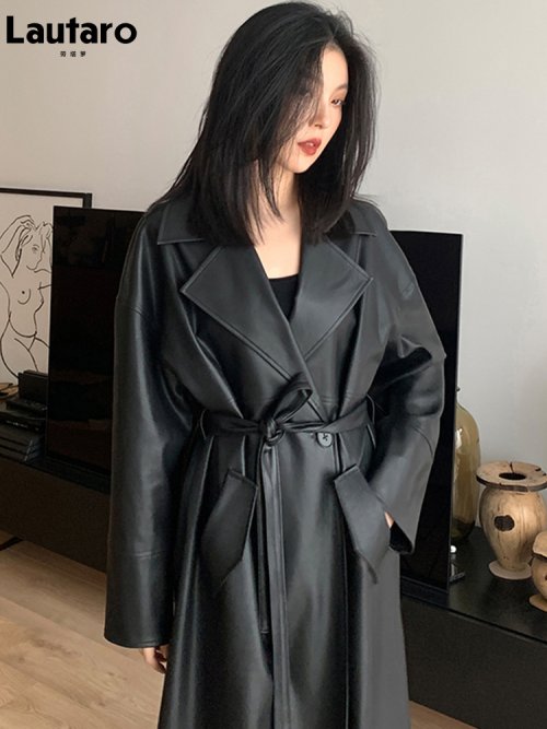 Image of Elegant Long Black Faux Leather Trench Coat for Women – Oversized Sashes, Single Button, Loose Fit, Stylish Korean Fashion Spring Outerwear