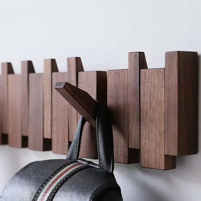 Image of Natural Black Walnut Wall-Mounted Coat Rack with Creative Hanging Hooks for Hats, Keys, and Bags – Stylish Doorway Entrance Cloak Rack for Home Decor