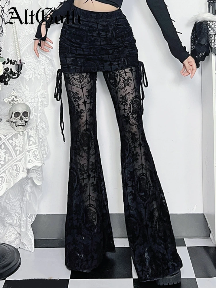 Imagen de Pantalones Flocados Góticos para Mujer con Estética Emo y Alt Grunge, Cintura Alta Acampanados con Cordones Transparentes
