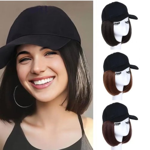 Image of Natural-Looking Short Straight Synthetic Wig with Baseball Cap Design – Heat-Resistant Fiber for Stylish Girls