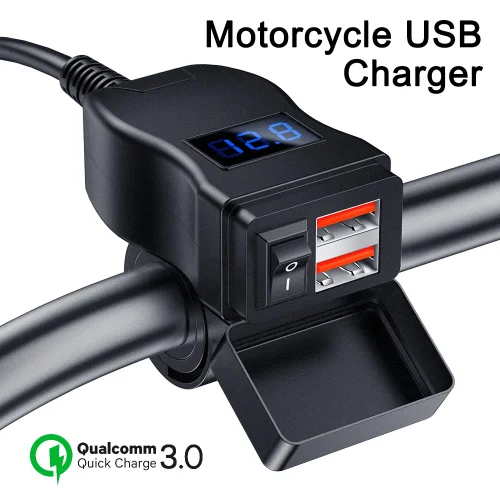 Image of Waterproof 12V Motorcycle USB Charger with Voltmeter and Power Switch – Durable Dual-Port Adapter for Motorbike Accessories