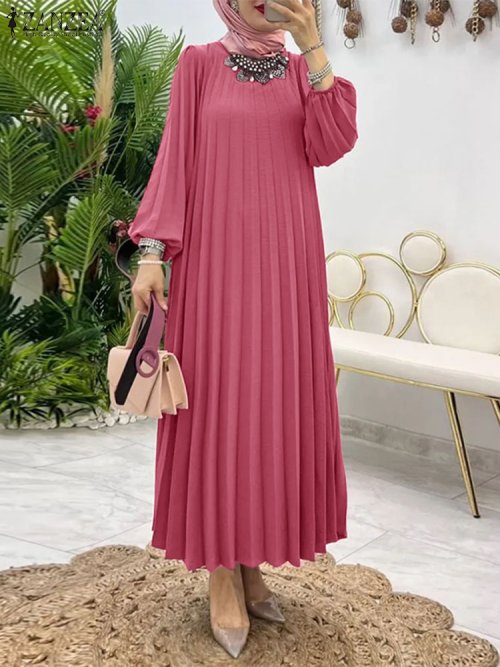 Image of Elegant Long Lantern Sleeve Loose Muslim Fashion Kaftan Dress for Women – Solid Pleated Sundress Robe with Islamic Style Design