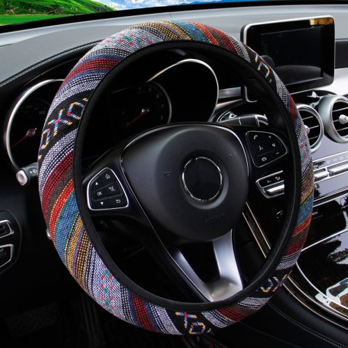 Bild von Atmungsaktiver Leinenstoff im Bohemian-Stil, Automobilzubehör ohne Innenring, Lenkradbezug, passend für 14,5–15 Zoll