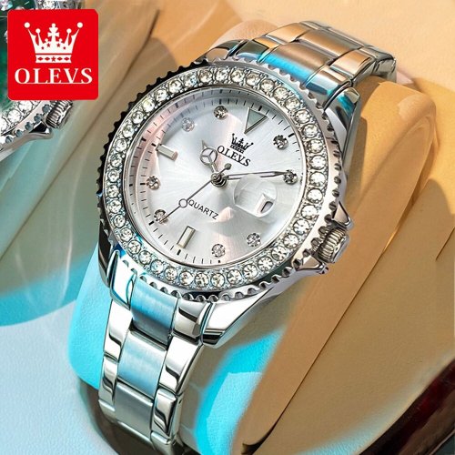 Image of Elegant Diamond Dial Quartz Watch for Women – Fashionable Stainless Steel Waterproof Wristwatch with Classic Design