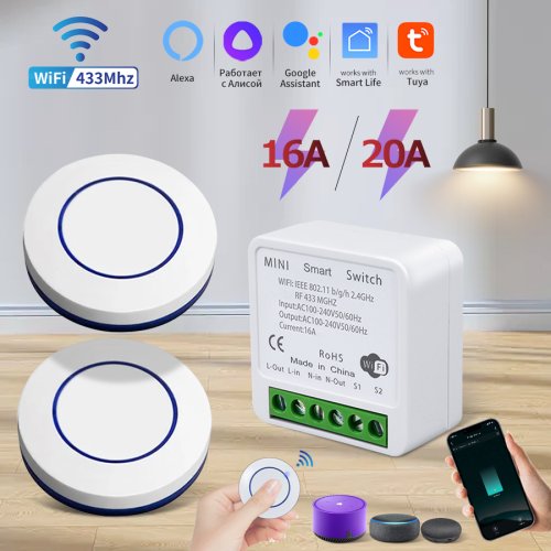Afbeelding van 20A Tuya WiFi Smart Switch 16A RF 433Mhz Draadloze Relais Ontvanger Mini Ronde Paneel Schakelaar Spraakbesturing Alexa google Home Alice