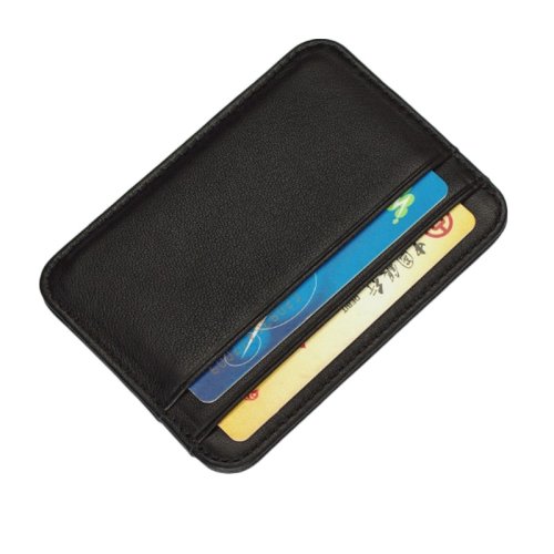 Imagen de Tarjetero de cuero genuino, tarjetero delgado para tarjetas de visita, funda para tarjetas de crédito, cartera pequeña delgada para hombres, tarjetero adhesivo negro