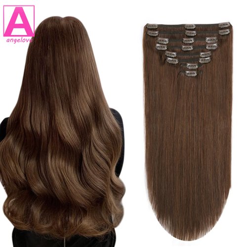 Immagine di Estensioni Capelli Clip-In in Capelli Umani Veri, Castano Naturale, Doppia Trama, 8 Pezzi, Lisci, Ideali per Donne che Desiderano Volume e Lunghezza