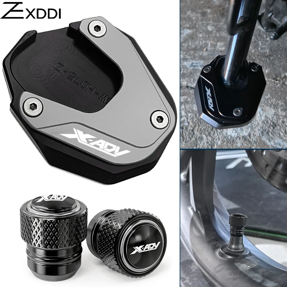 Immagine di Per HONDA XADV 750 X-ADV 750 XADV750 2017-2025 Accessori Moto Cavalletto Laterale piastra allargata Piede Cavalletto Tappi valvola pneumatici