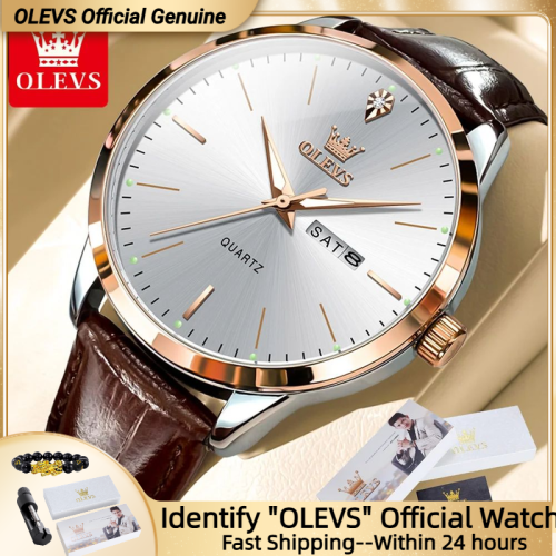 Image of OLEVS Men's Watch Brand Business Waterproof Luminous Week Date Quartz Watch Fashion Leather Strap Classic Luxury Men's Watch
