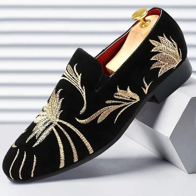 Image of Elegant Men's Suede Leather Loafers with Designer Embroidery – Premium Luxury Moccasins for Wedding, Party & Formal Events