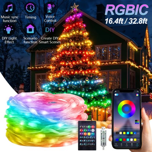 Afbeelding van Bluetooth Bediening USB LED Lichtslingers Kerst RGBIC DreamColor Fairy Light voor Binnen en Buiten, Tuin, Bruiloft en Feestdecoratie