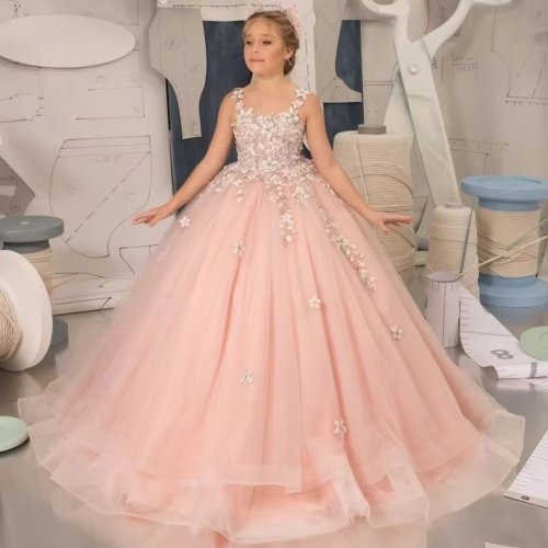 Image of Elegant Light Pink Flower Girl Dress with Tulle Flowers Appliques, Sleeveless Design for Wedding, Birthday Party, Prom, Banquet, and Princess-Themed Events