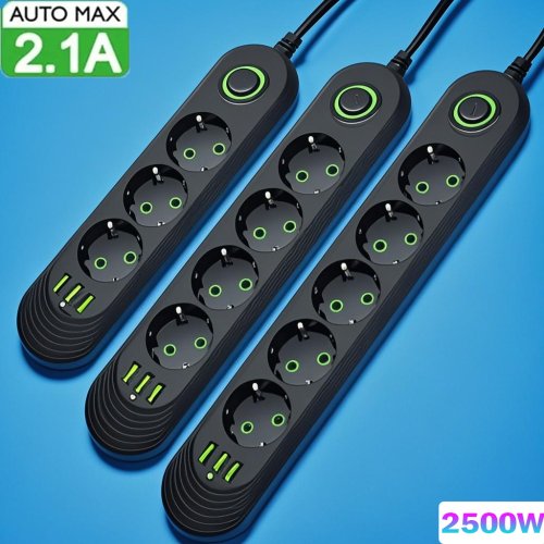 Zdjęcie Listwa zasilająca 2 metry z wtyczką EU, 3 gniazdami USB, filtrem sieciowym, okrągłymi pinami i gniazdami AC – przedłużacz z adapterem do ładowania elektrycznego