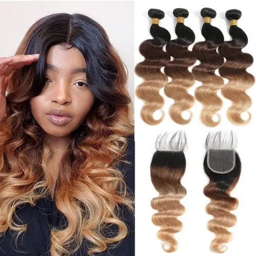 Image de Extensions Cheveux Brésiliens Ombre 3-4 Paquets + Fermeture