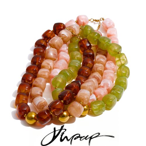 Immagine di Collana e Bracciale con Perline Acriliche Quadrata in Acciaio Inossidabile - Gioielli Fatti a Mano Impermeabili in Verde Khaki, Rosa e Ambra